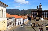 Big Plaza Tiradentes in Ouro Preto with Baroque and colonial buildings surrounding the square. Brazil, South America.