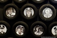 Euzkadi tires with black and white photos of rubber tappers inside, rubber museum, Rio Branco. Brazil, South America.
