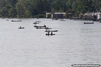 Children of an indigenous village paddle canoes out to the passenger ferry in the Amazon. Brazil, South America.