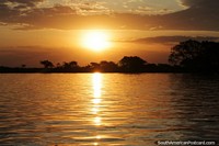 Puesta de sol de color naranja dorado sobre el ro Paraguay en el Pantanal, Corumb. Brasil, Sudamerica.