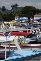 Barcos na zona porturia e cenrio verde em Paraty.