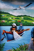 Fishermen in a small boat, a seagull overhead, street mural in Castro.
