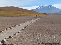 Desert path, snow-capped mountains, views from the lagoons at San Pedro de Atacama. Chile, South America.