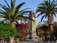 Plaza Colon con el campanario de Torre Reloq y palmeras en Antofagasta. Chile, Sudamerica.