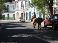 Larger version of Man trots by on a horse with a donkey on a steep street in Valparaiso.