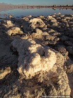 Smooth and shiny, rough and dark, salt formations at the lagoon at days end, San Pedro de Atacama.