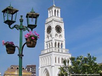 Versión más grande de Macetas y lámparas y el campanario en Plaza Prat, Iquique.