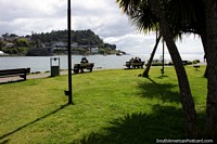 Grassy lawns and park area behind the tourist center beside the lake in Puerto Varas, peaceful! Chile, South America.