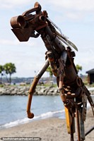 Metallic sculptures made from various bits and pieces of metal for sale in Puerto Varas. Chile, South America.