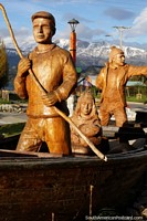 Portrait orientation of the fantastic boat people monument in the plaza in Puerto Rio Tranquilo. Chile, South America.