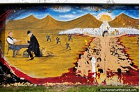 Versión más grande de Los Europeos cuentan su oro y aniquilan a la gente autóctona Selknam, mural en Porvenir.