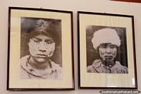 Photos of 2 Selknam women with white face paint at the Municipal Museum in Porvenir. Chile, South America.