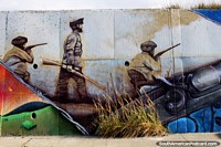 Los Europeos y los Chilenos trajeron una pelea a la Tierra del Fuego, mural en Bahia Azul. Chile, Sudamerica.