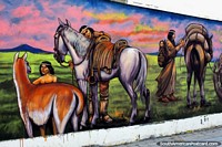 Larger version of Indigenous Indians with horses and fiery sunset, mural by Eladio Godoy Vera in Puerto Natales.