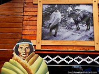 Old photo of a man with a horse, indigenous arts at the art center in Puerto Natales.