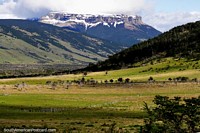 A tabletop mountain range with snow and the green terrain near Villa Cerro Castillo. Chile, South America.