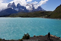 Wow spectacular sight! Lake Pehoe and snow-capped mountains at Torres del Paine. Chile, South America.