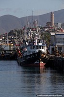 Versão maior do Barcos de pesca atracados no porto e na mesquita na colina de Coquimbo.