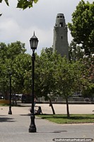 Larger version of Park and monument near the bridge and river in central Santiago.
