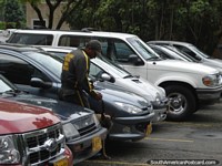Versión más grande de Un hombre de seguridad y el perro examinan coches para ver objetivos de seguridad en Universidad EAFIT, Medellín.