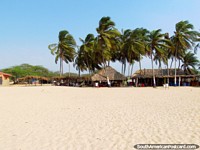 Restaurantes abaixo de palmeiras junto da praia arenosa branca em Camarones. Colômbia, América do Sul.