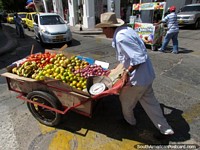 The fruit and vegetable man and the frappe man wheel their carts in the Valledupar streets. Colombia, South America.