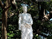 A white statue of Simon Bolivar standing with a sword and a scroll in Valledupar.