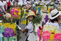 O Silleteritos de Gaira segue flores seu costas, uma tradição, Festival do Mar, Santa Marta. Colômbia, América do Sul.