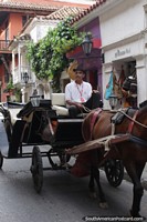 O homem vestido de modo ardente toma um cavalo e carreta de um passeio em Cartagena. Colômbia, América do Sul.