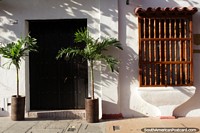 House front with a pair of plants and wooden window bars, Cartagena. Colombia, South America.