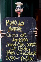 Menu board with soup, ham sandwich, potato or salad, juice and desert, Villa de Leyva. Colombia, South America.