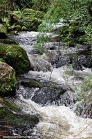 Umas águas de rios afastam-se rochas no Santuário de Flora e Fauna Iguaque, Villa de Leyva. Colômbia, América do Sul.