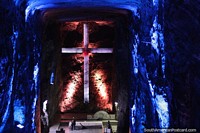 The main chamber and huge cross at the Salt Cathedral in Zipaquira, view from the balcony. Colombia, South America.