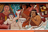 Indigenous people play musical instruments such as flute and bongos, professional mural in Ibague.