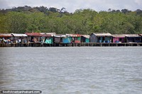 As casas de cabana em pernas de pau fazem-se da madeira com telhados de ferro ondulados ao longo da costa de Buenaventura. Colômbia, América do Sul.