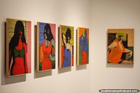 Larger version of 5 colorful paintings of women on display at Antioquia Museum, Medellin.