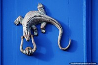 Versão maior do Iguana, aldrava em uma porta azul brilhante em Jardin.