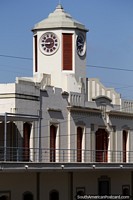 Clock tower of the antique train station in Pereira, a nice building. Colombia, South America.