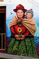 Mulher indígena e seu filho em um cobertor nas costas, fantástico mural em Pasto. Colômbia, América do Sul.