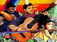 Guitar, percussion and flute, 3 musicians play, nice mural at Pasto airport. Colombia, South America.
