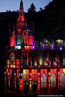 Multicolored church, an ever changing color spectacular in Las Lajas, Ipiales. Colombia, South America.