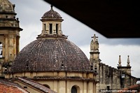 Dome and facade of the cathedral in Bogota from behind and up the street. Colombia, South America.