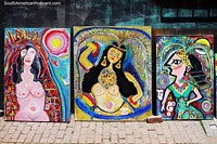 Colorful and interesting paintings of women for sale on the street in Bogota. Colombia, South America.