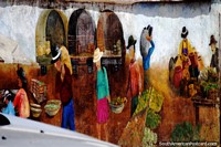 Comunidad trabajando con sus productos, mural pintado con bonitas tonalidades, Pueblito Boyacense, Duitama. Colombia, Sudamerica.