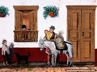 Una mujer con niños y su burro, mural callejero de Edgar Díaz en Sogamoso. Colombia, Sudamerica.
