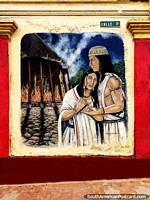 Casas de nativos queimam, gente angustiada, mural de Edgar Diaz, Sogamoso. Colômbia, América do Sul.