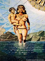 Mulher e criança podem andar sobre as águas, enorme mural em Sogamoso, uma cidade de culturas ancestrais. Colômbia, América do Sul.