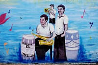 Larger version of Tresillo Orchestra with saxophone, trombone and bongo drums, street mural in Mompos.