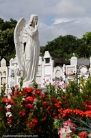 White angel stands above red flowers at the Mompos cemetery. Colombia, South America.