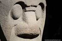 O rosto de pedra brilha ao sol no Parque Arqueológico de San Agustín. Colômbia, América do Sul.